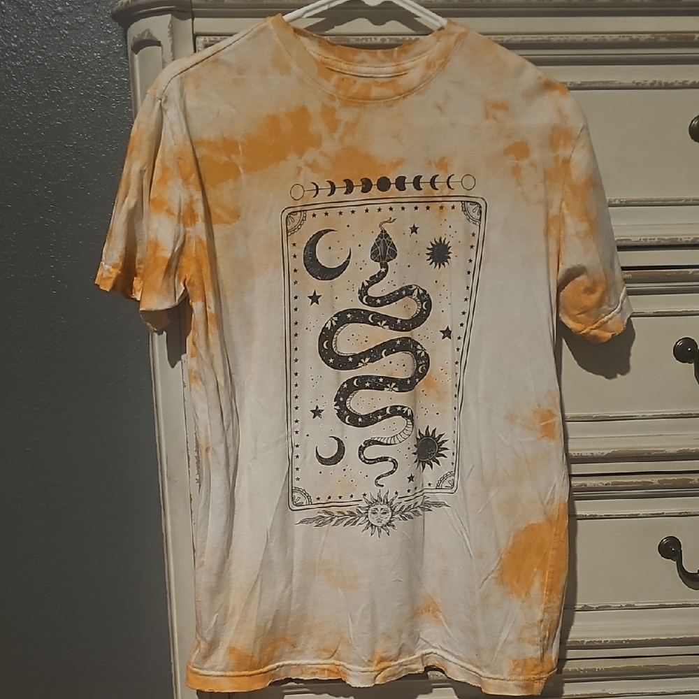 WOMEN'S Orange Tie-Dye Graphic T-Shirt with Serpent Motif